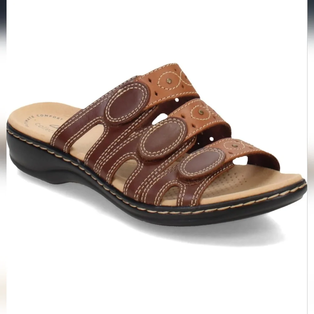 NWOB Clarks Leisa Cacti Q Triple Strap Slide Sandals Brown Multi Size‎ 8.5